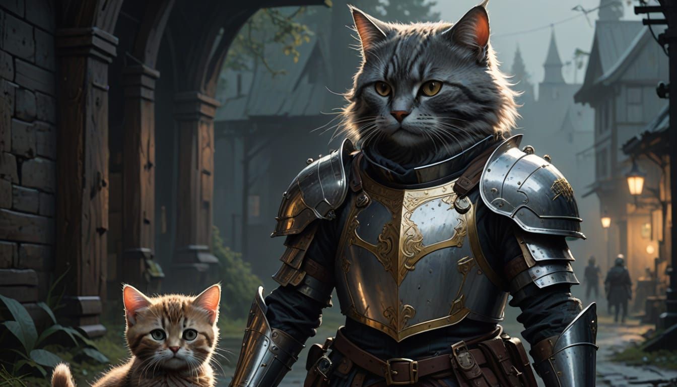 Epic Fantasy Masterpiece of a Knight and Kitten in Radiant A...