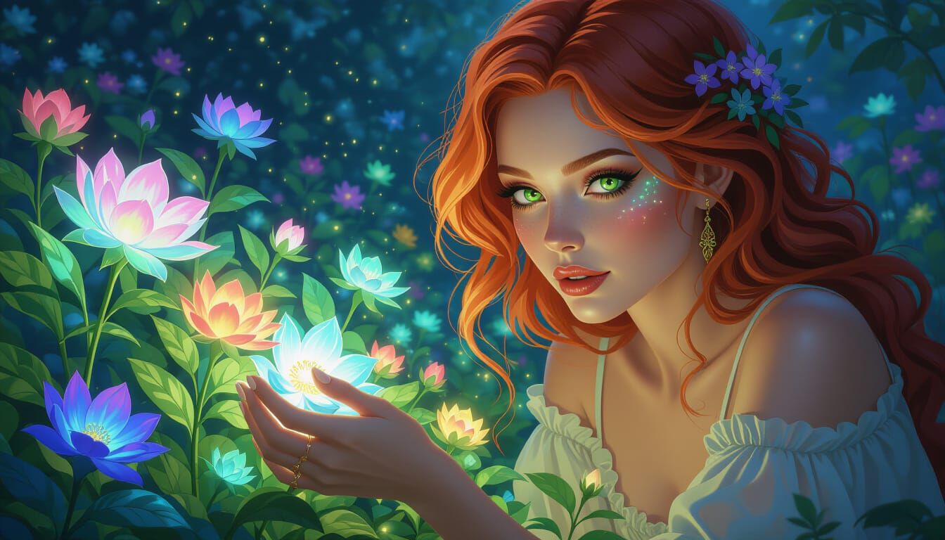 Woman Tends Bioluminescent Garden in Fantastical Matte Paint...