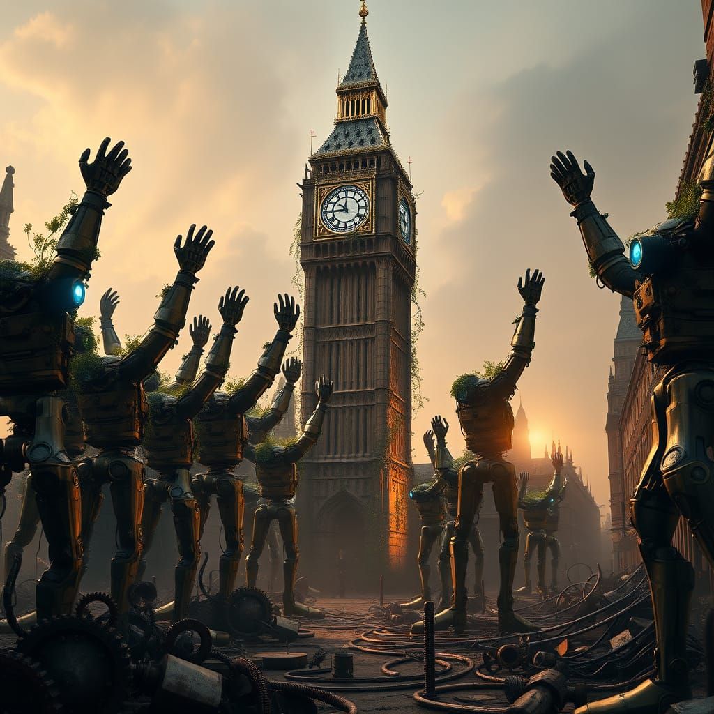 Dystopian Robots Worship Big Ben in a Decayed Future London