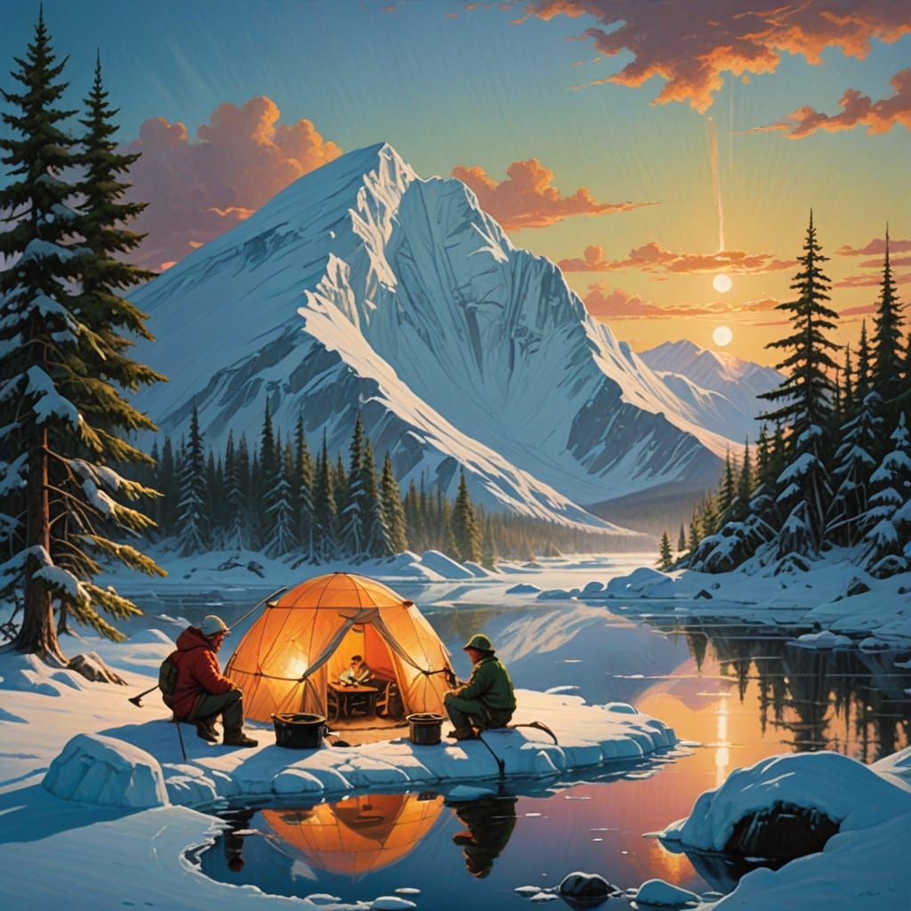 Frozen Alaskan Igloo on Icy Lake in Wilderness