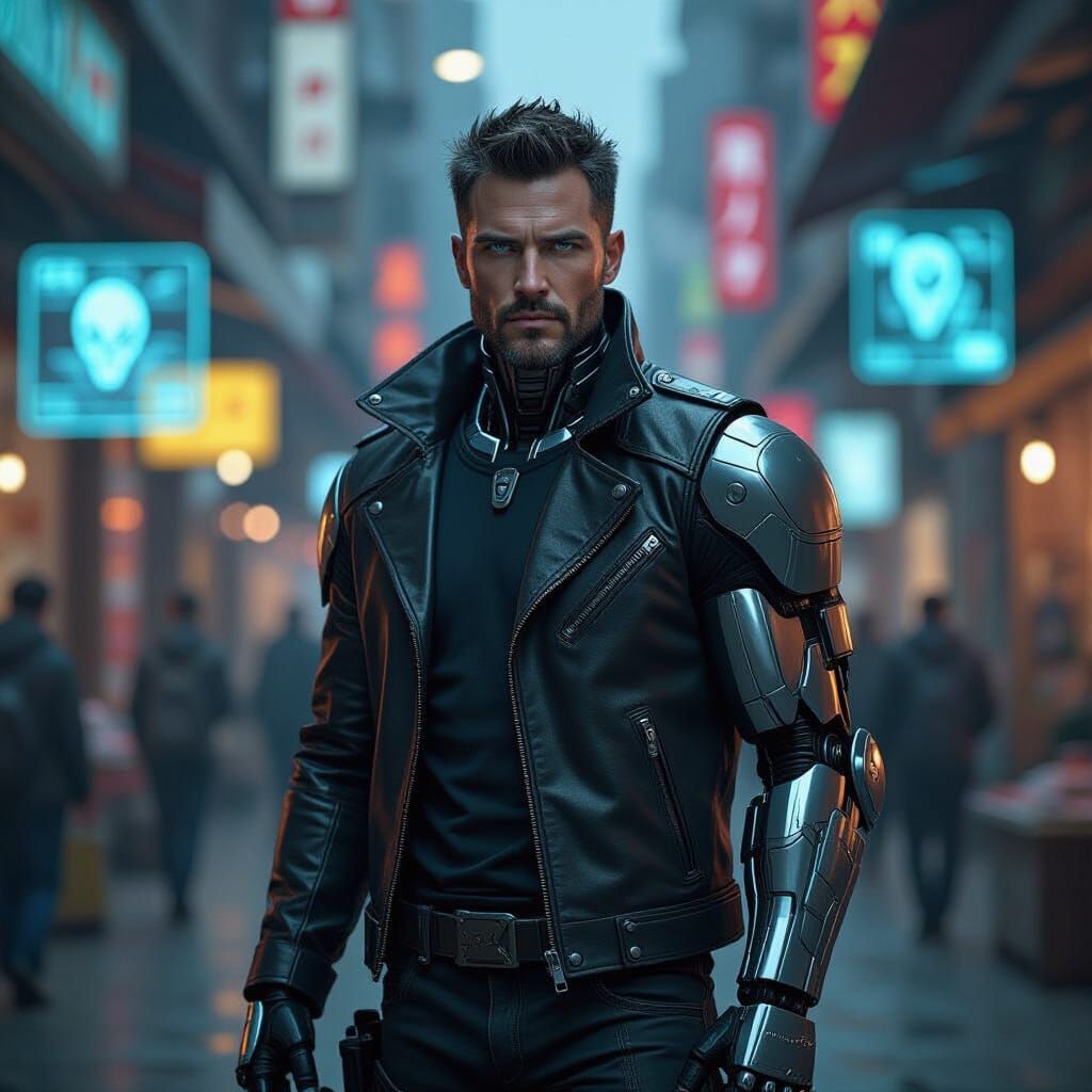 Cyborg in Futuristic Marketplace: Hyperrealistic Cyberpunk A...