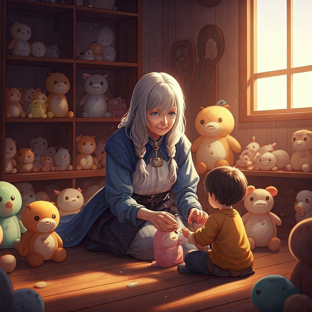 Cozy Afternoon with Children and Plushies in Anime Style