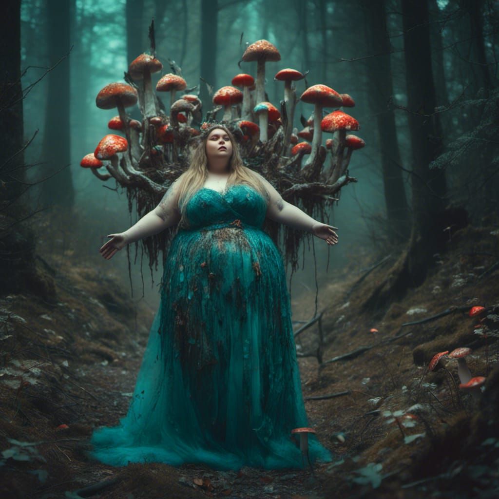 a forest fairy with teal glowing wings next to realistic diagonal mystical colorful mushrooms in the for...