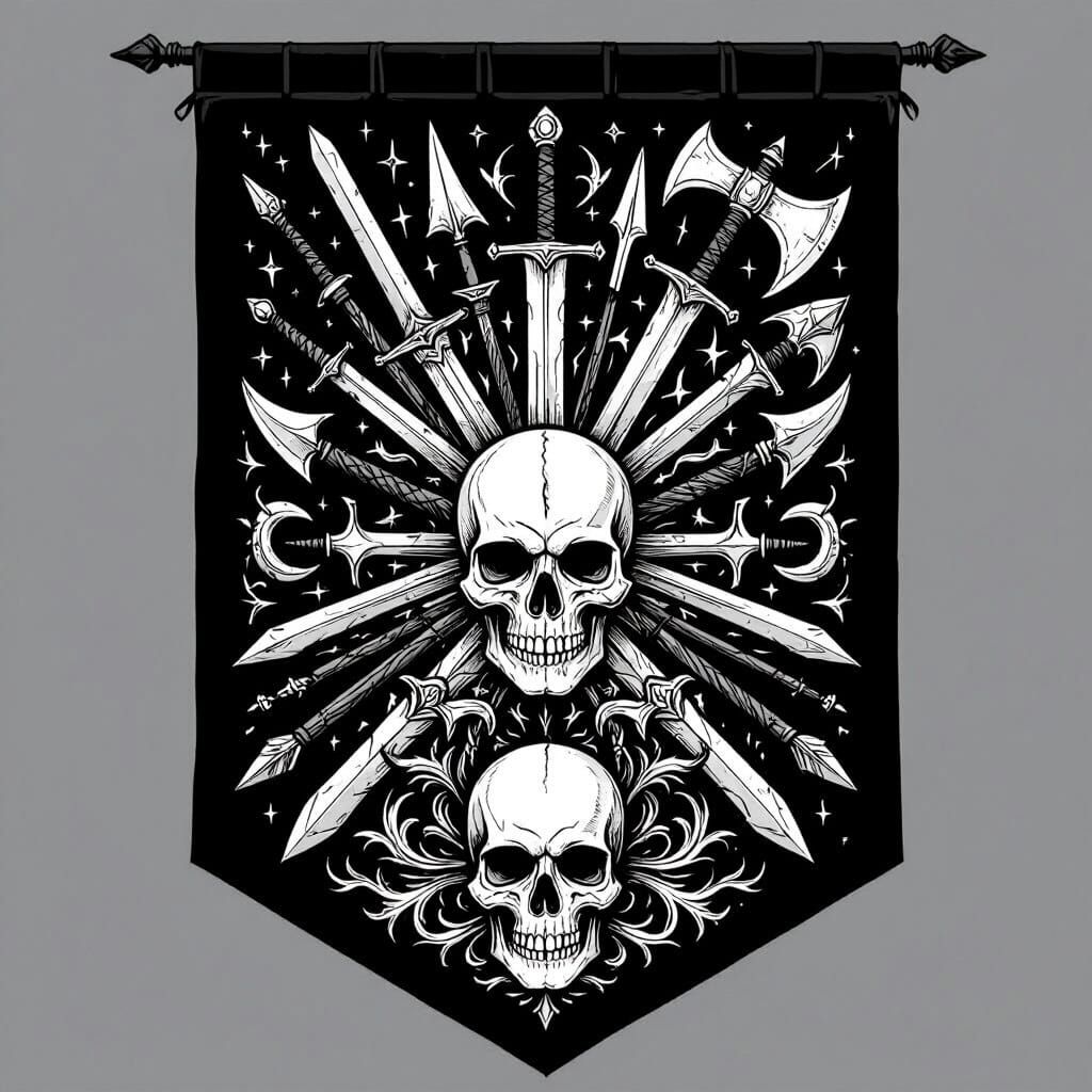 Black Banner of War with White Heraldic Skull and Weapons