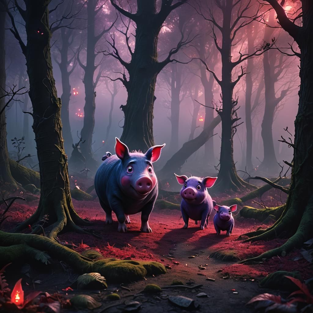 Menacing Peppa Pig in a Dark Fairytale Forest