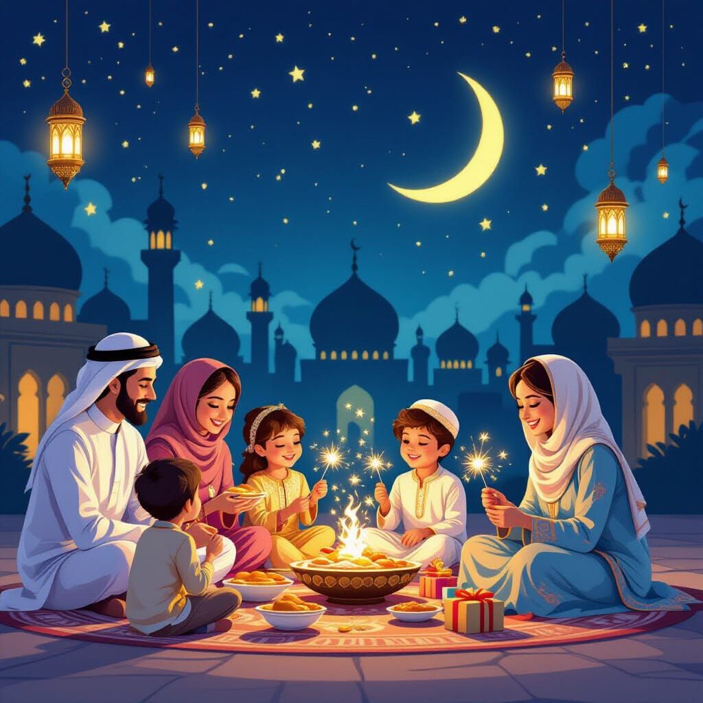 Joyful Eid al-Fitr Celebration with Families and Lanterns