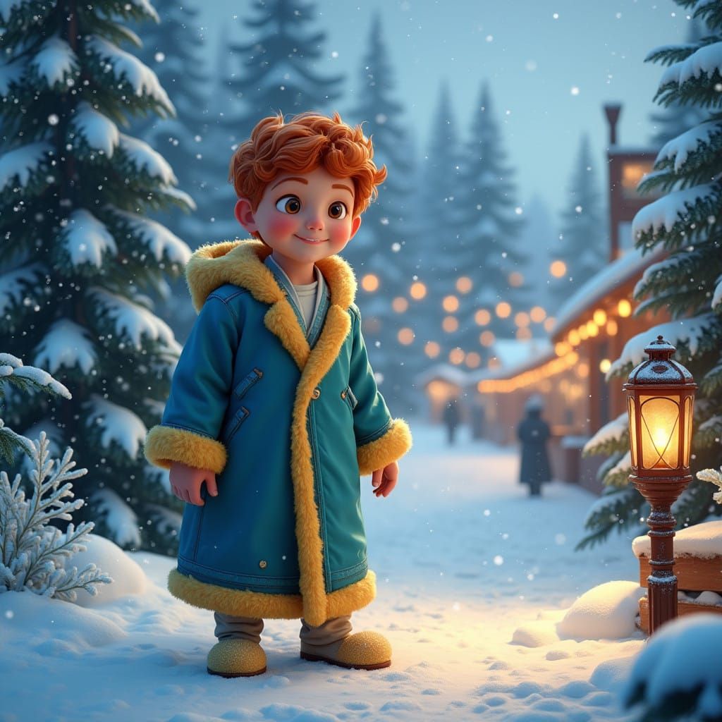 Ginger-Haired Boy in Winter Wonderland Christmas Scene