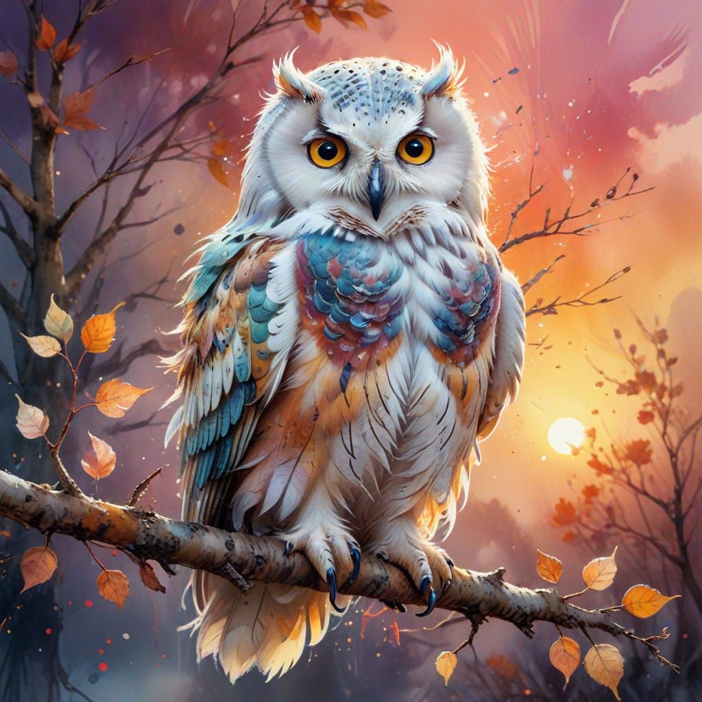 Epic Watercolour Snow Owl Perched on Autumn Branch