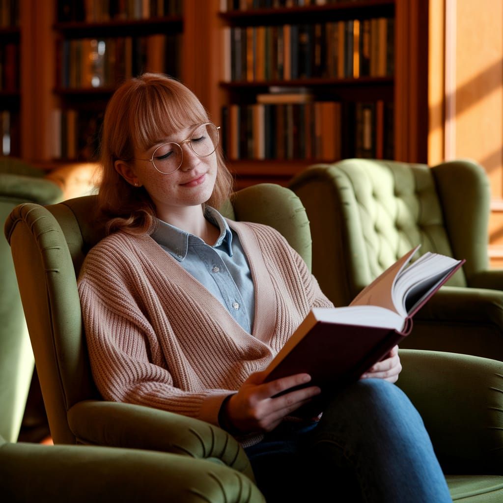 Cozy Café Scene with Young Woman Reading