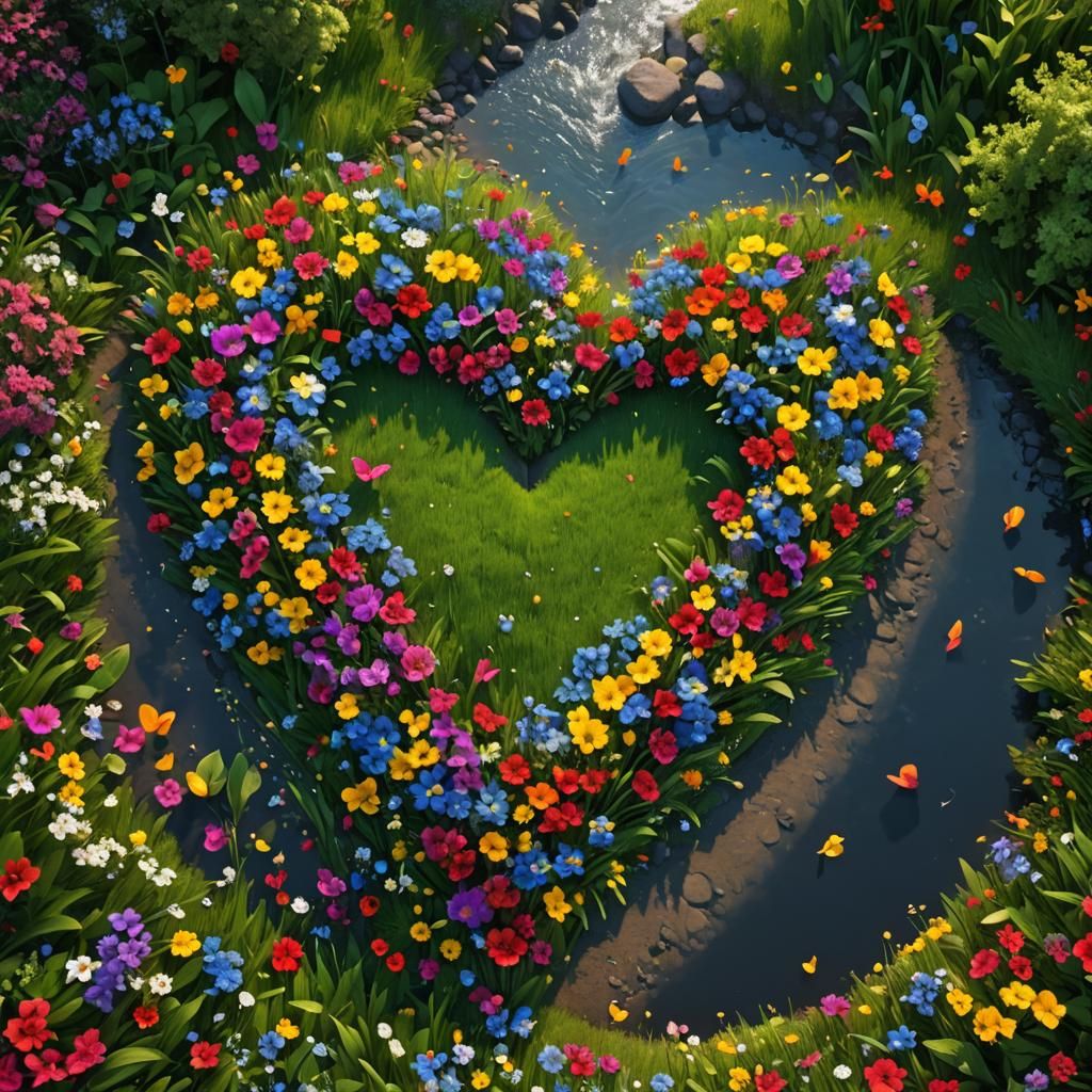 Rainbow Heart Flower Field, Fantasy Concept Art