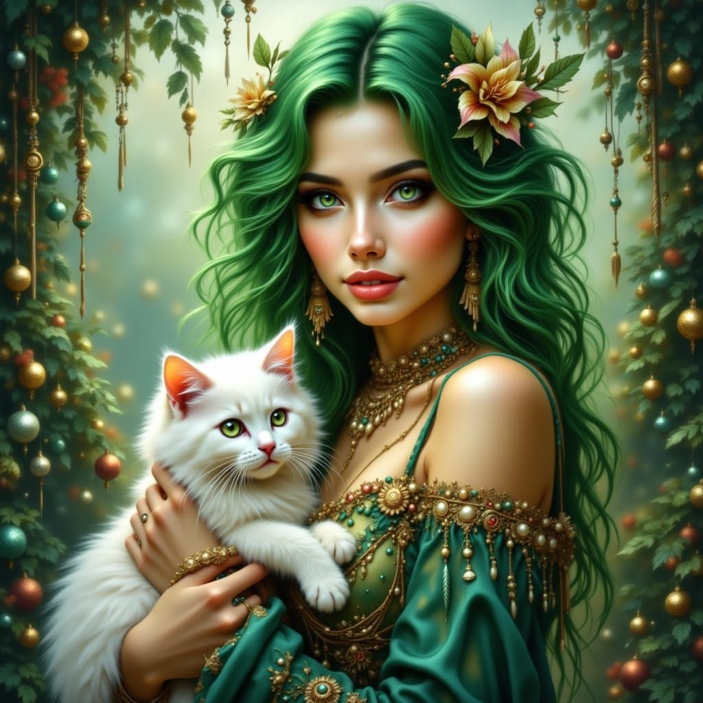 Enchanting Woman with Green Hair and White Cat in Fantasy Se...
