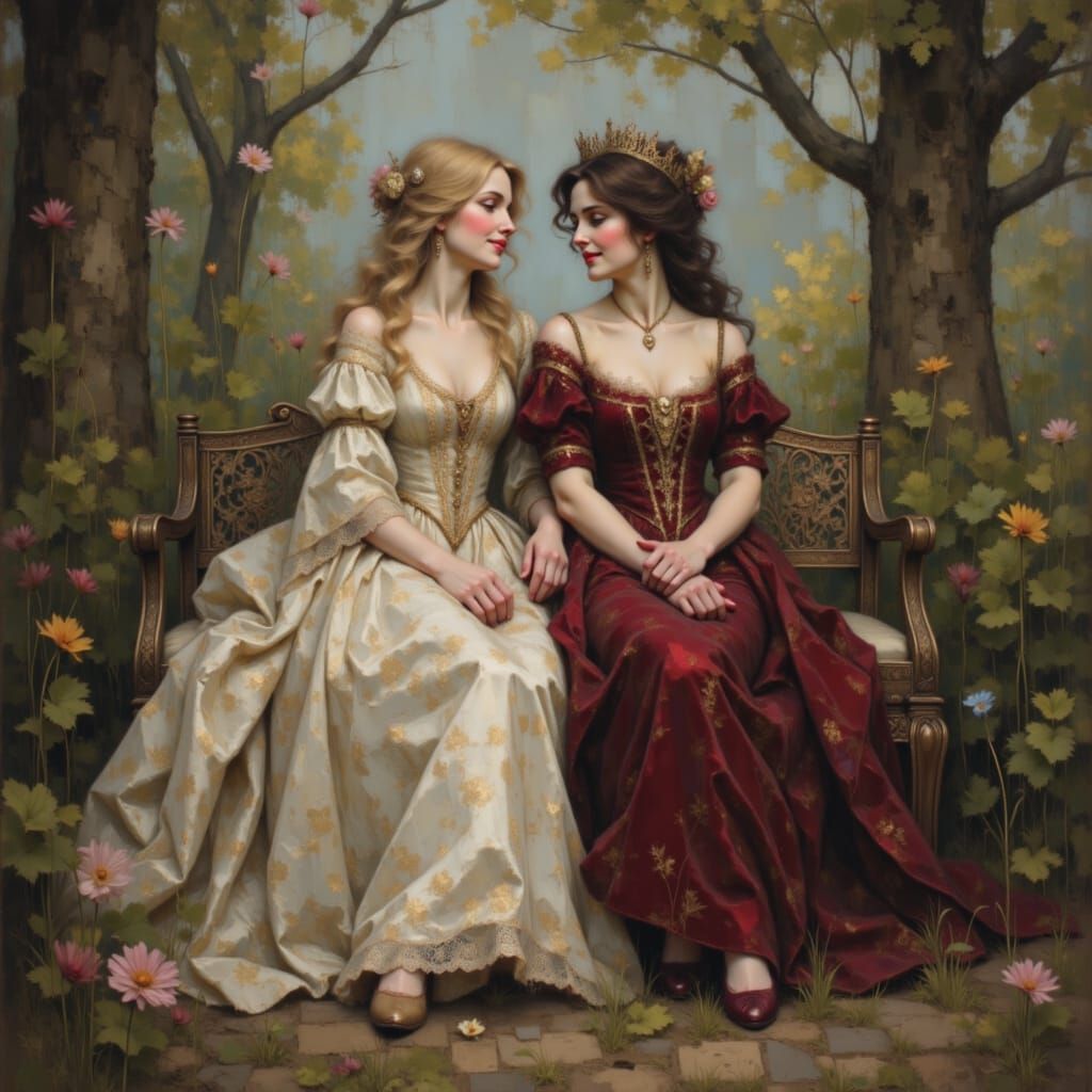 Empresses Laughing in a Park: Rococo-Inspired Portrait