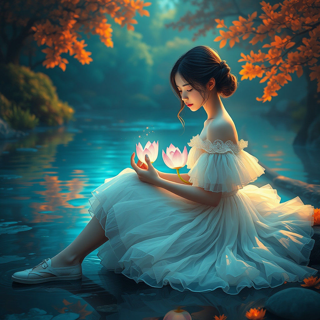 Girl with Glowing Lotus Flower: Fantasy Concept Art