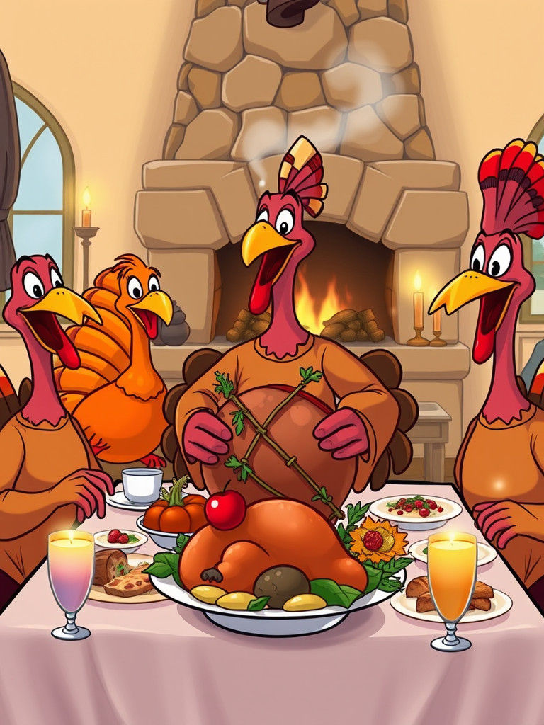 Cartoon Turkey Family's Unusual Thanksgiving Dinner