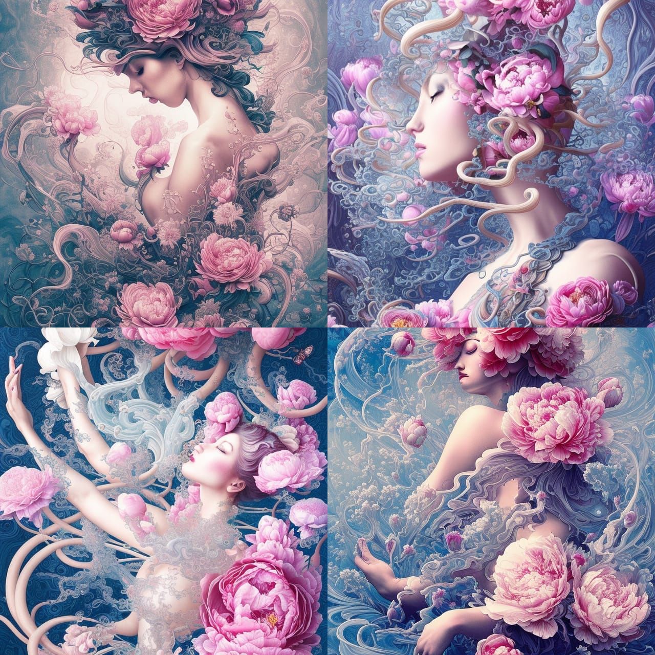 Floral Winds Ink Illustration with Peonies