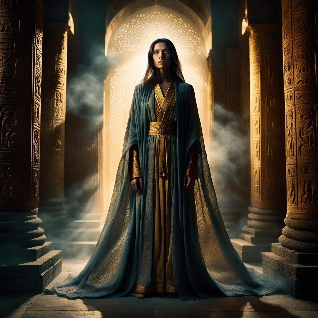 Mysterious Woman in Ancient Temple: Surrealist Image