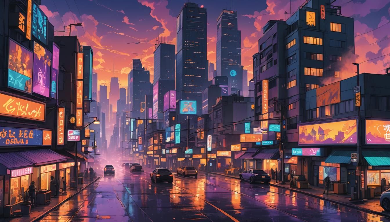 Cyberpunk Cityscape at Dusk in Cel-Shaded Anime Style