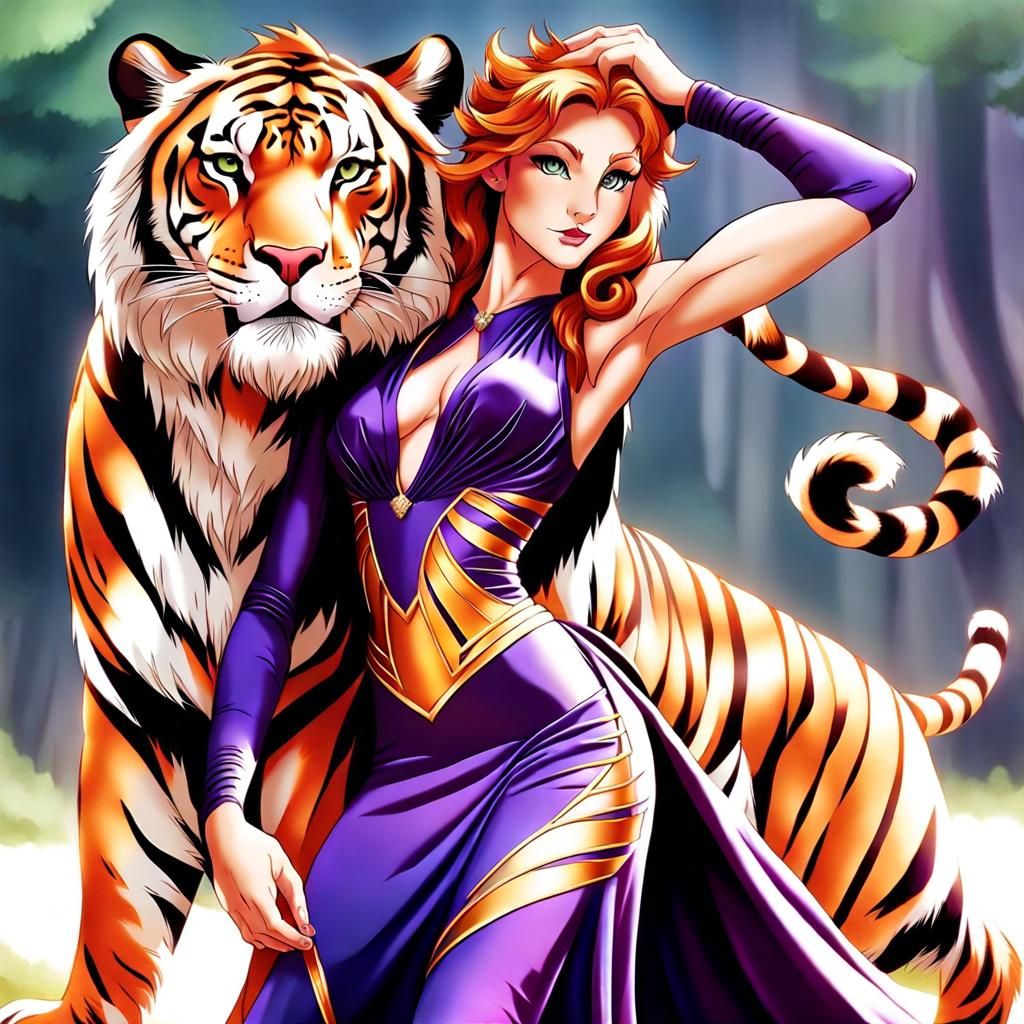 Anthropomorphic Tigress-Lioness Hybrid in Purple Gown