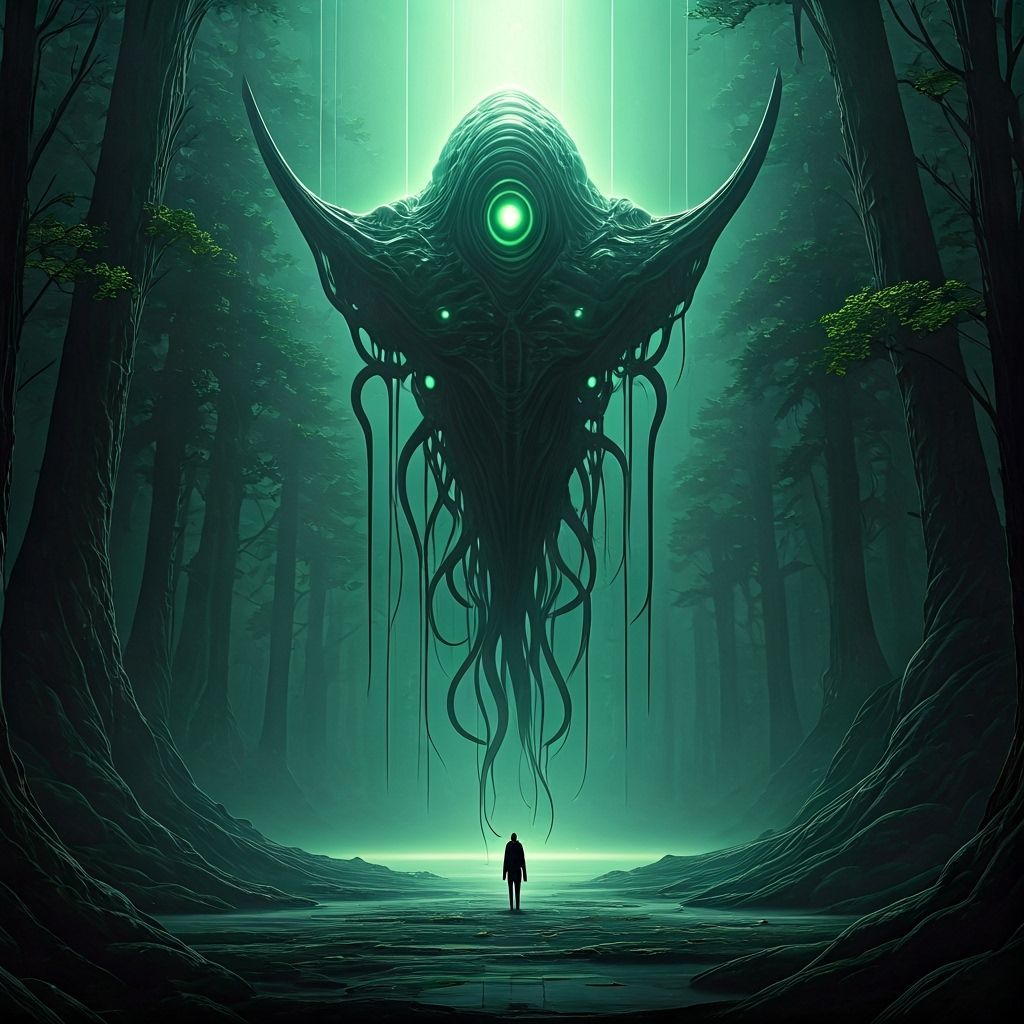Colossal Tentacle Creature in Eerie Green Light