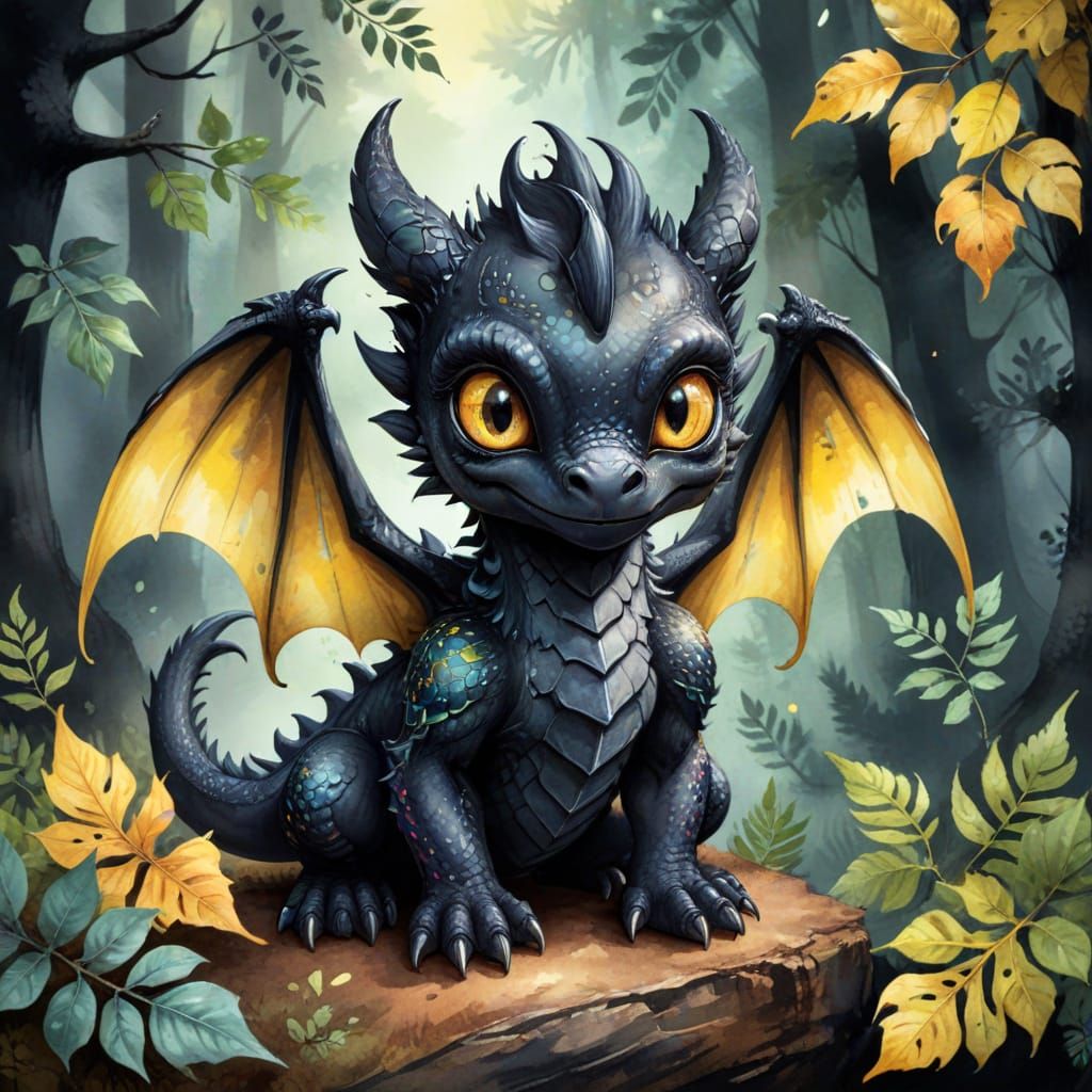 Cute Black Baby Dragon in Whimsical Watercolor