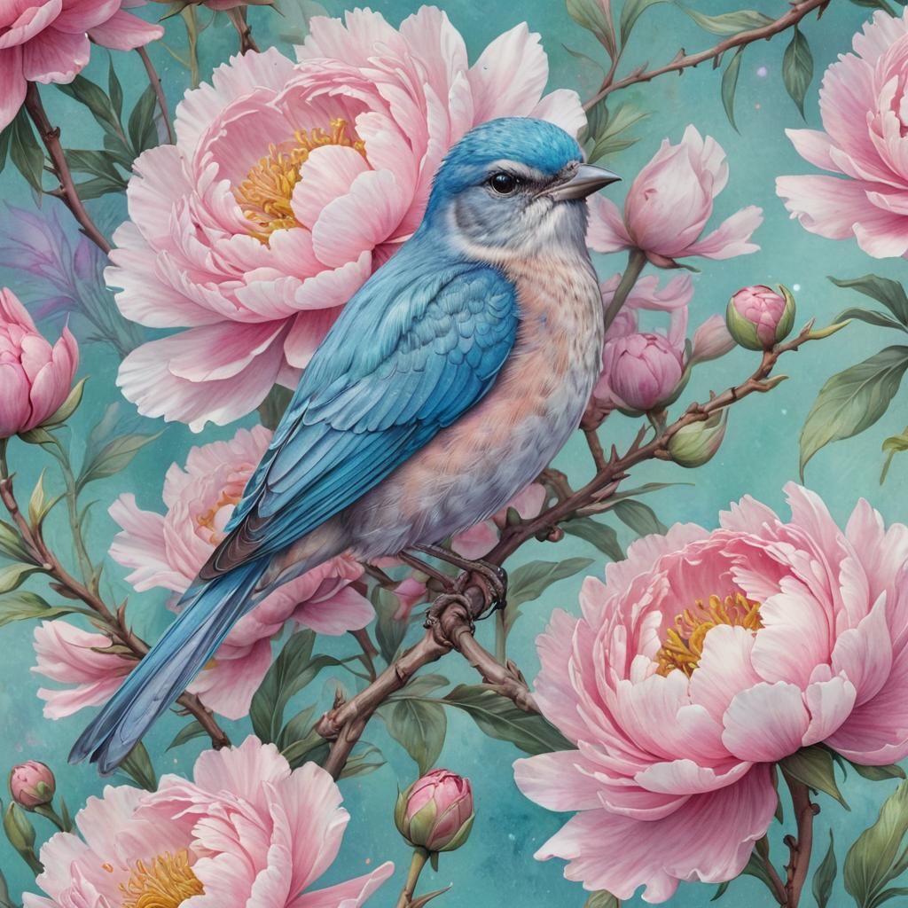 Blue Bird on Pink Peony in Watercolor Style