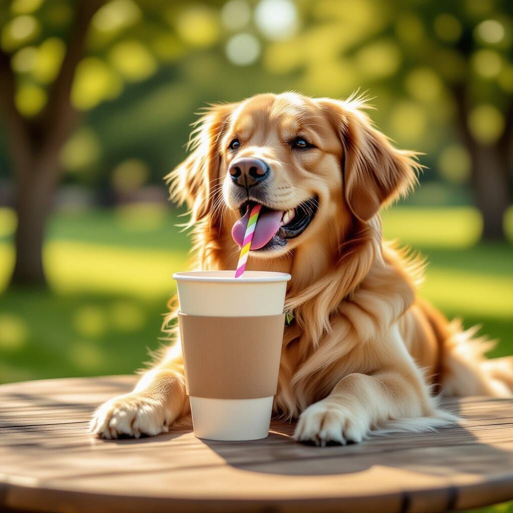 Happy Golden Retriever Drinks from Cup in Sunny Park