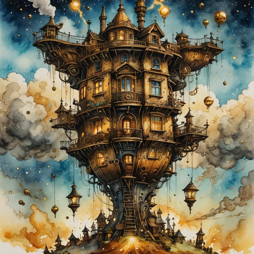 Steampunk House Floating in Stardust Sky