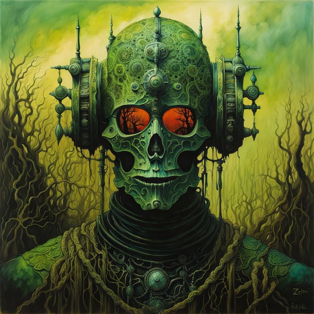 Eerie Bog Cyborg Portrait in Dark Surreal Style