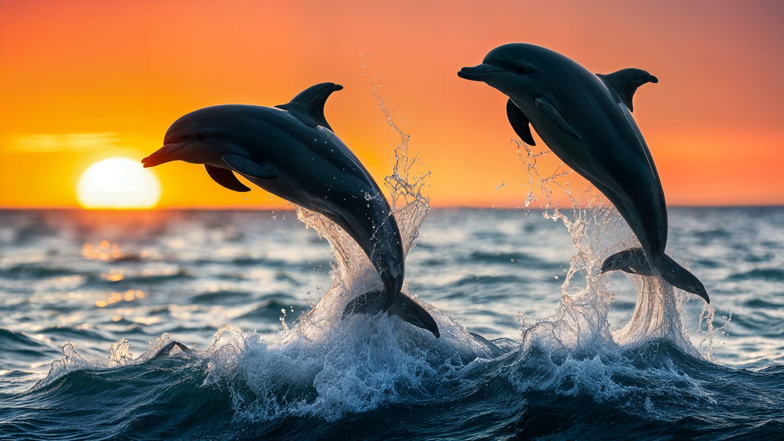 Dolphins Leap at Sunset: Realistic Ocean Scene