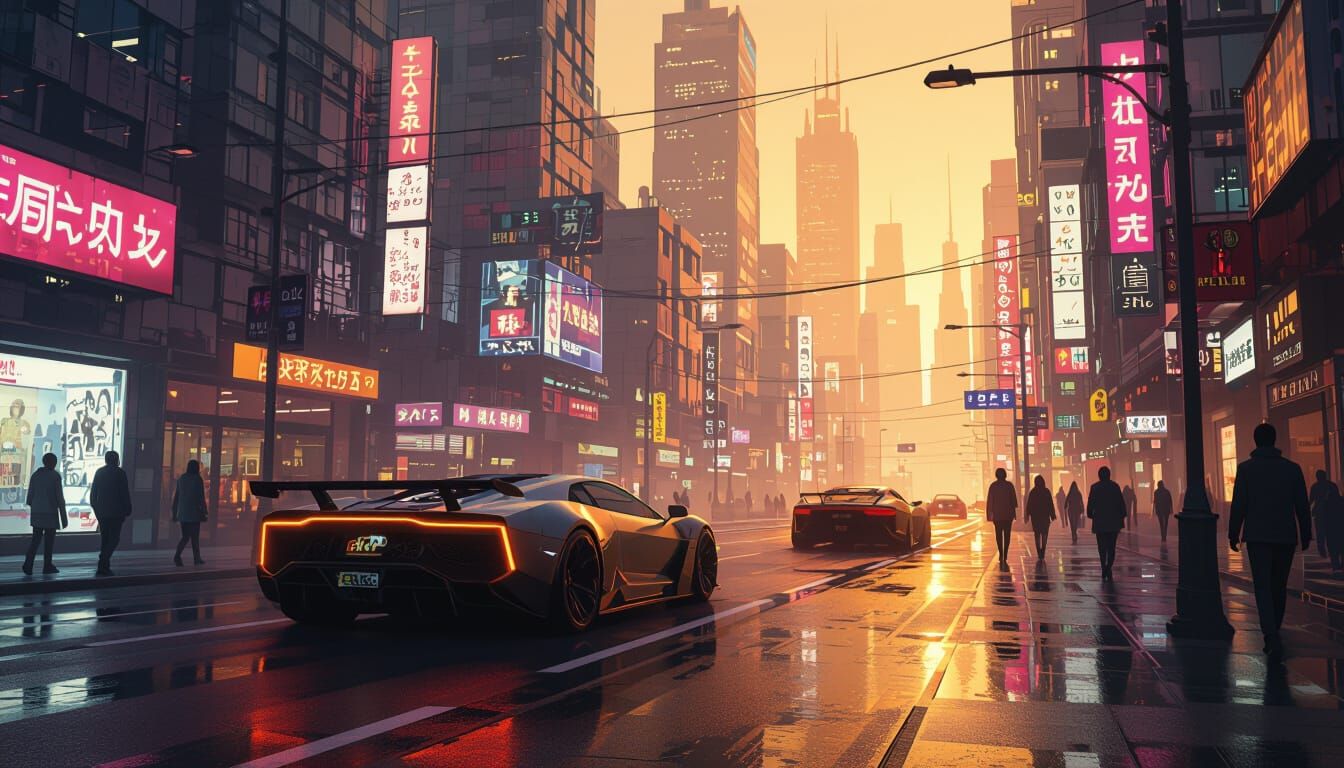 Cyberpunk City Street Scene at Night in Digital Painting Sty...