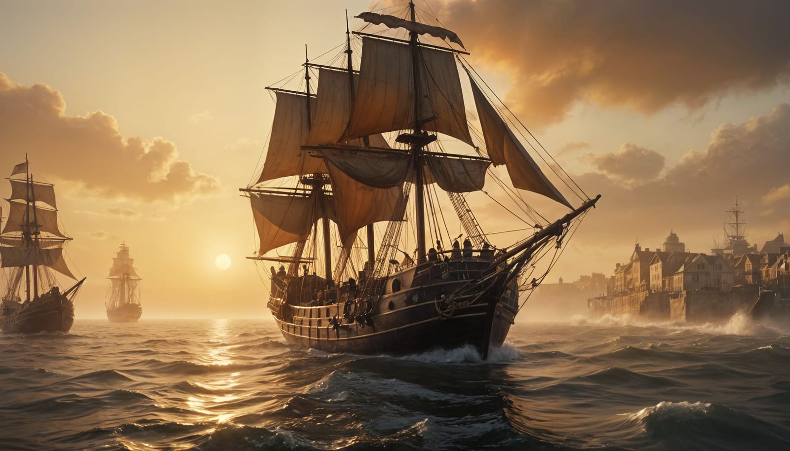 Galley Ship Returns to Port in Golden Sunset Light