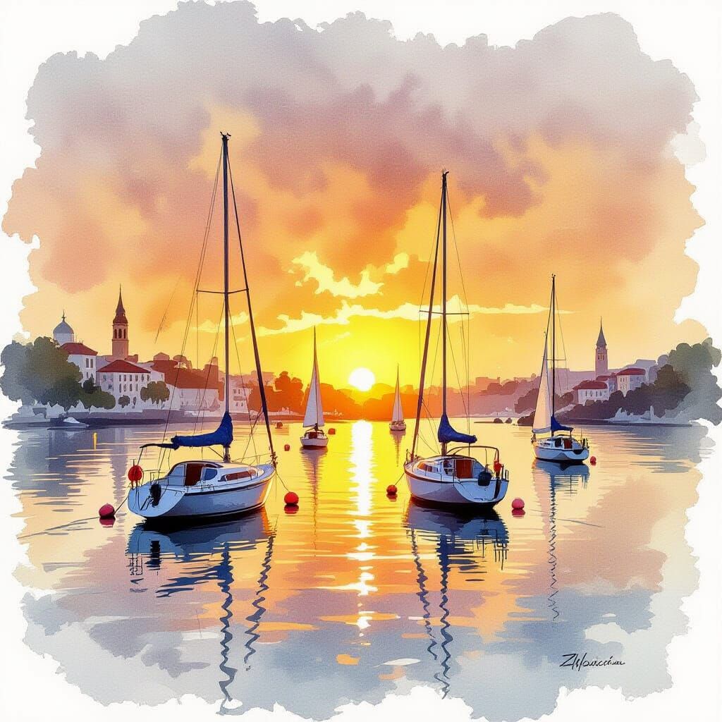 Sunset Over Serene Harbor in Watercolor Style