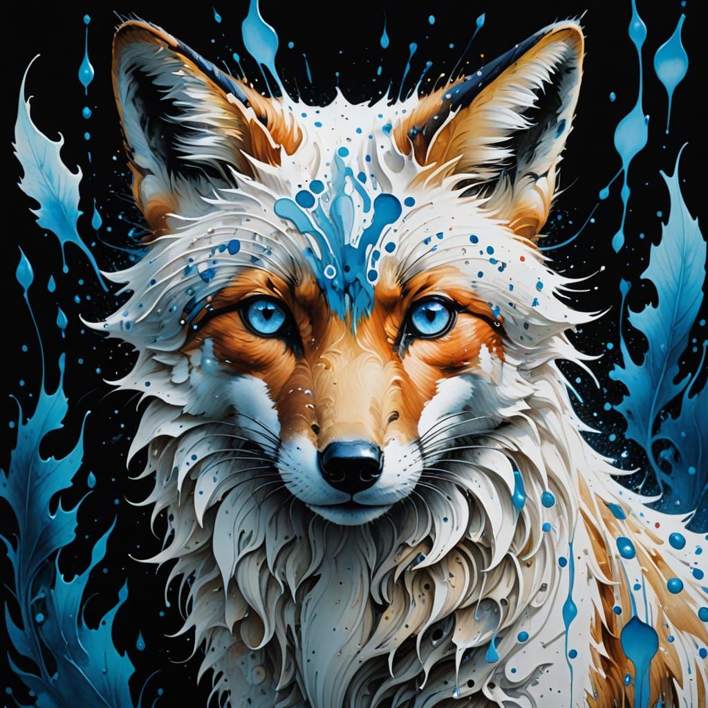 beautiful detailed white ink fox blue eyes, calligraphy, watercolors! Oil splash!! Oil stained", hyperdetailed fluid...