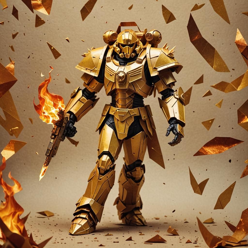 Golden Space Marine Origami Papercraft in Flames