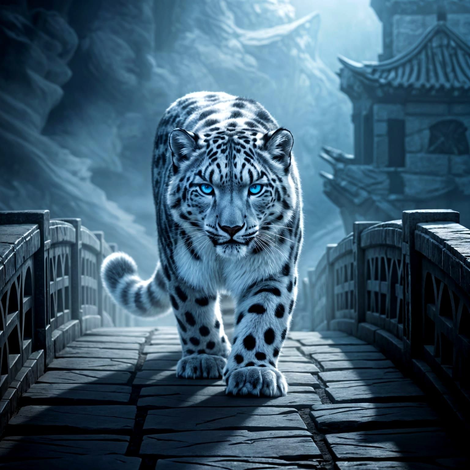 Majestic Snow Leopard on Misty Bridge in Gothic Style