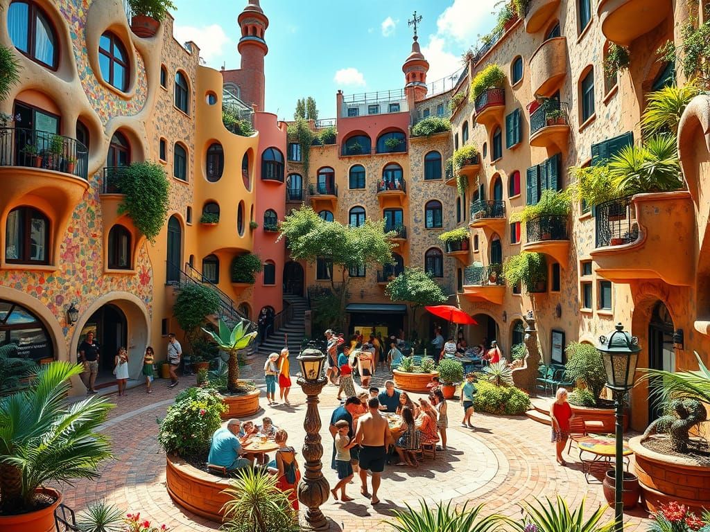 Vibrant, Whimsical Courtyard Celebrating Human Connection