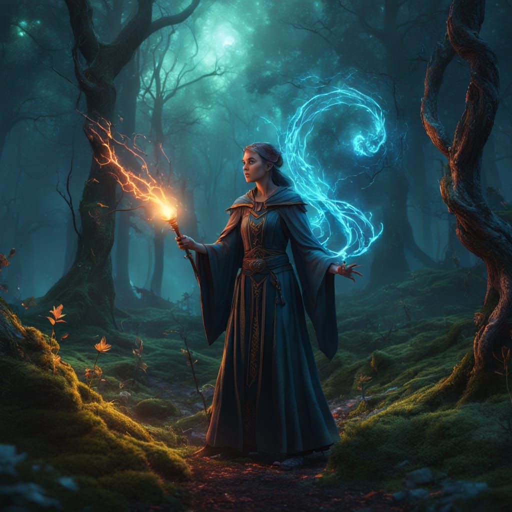 Sorceress Casting Spell in Enchanted Forest
