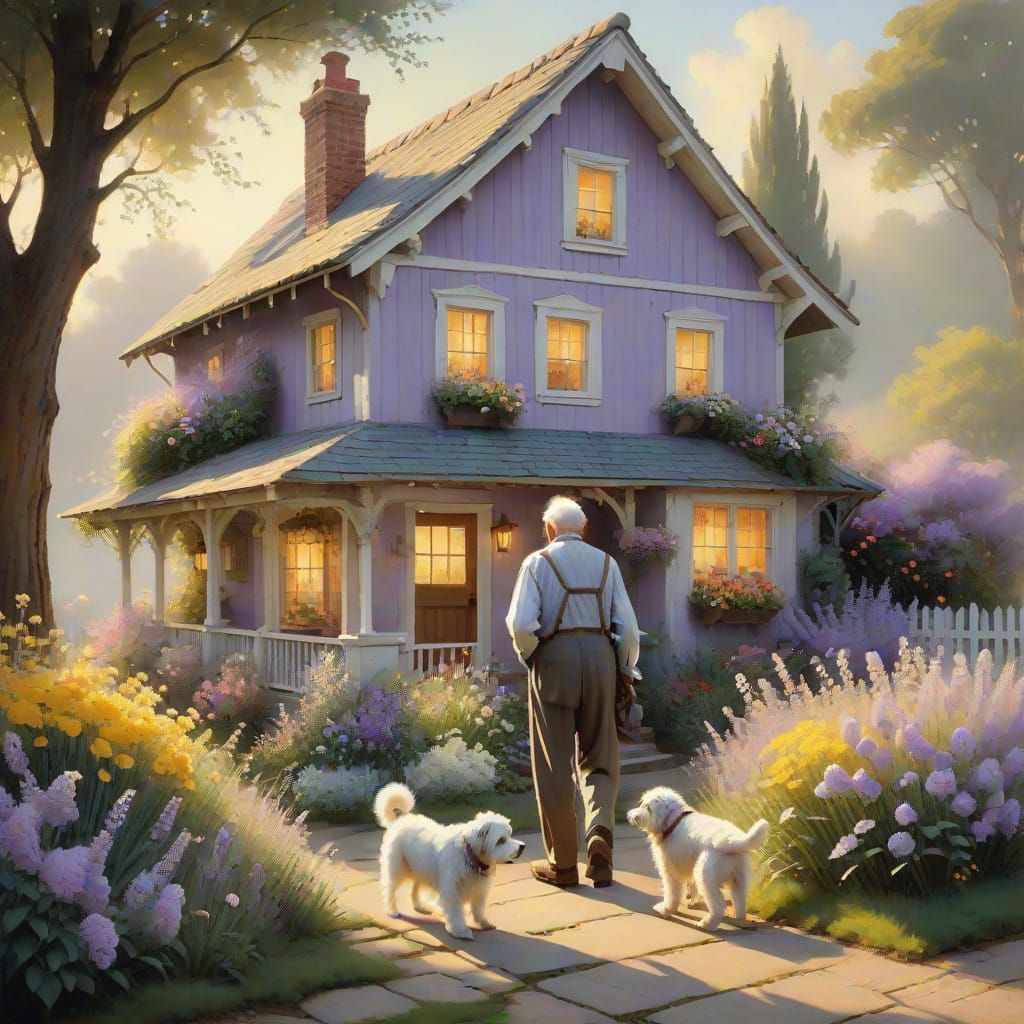 Elderly Man Pets Puppy in Idyllic Cottage Garden