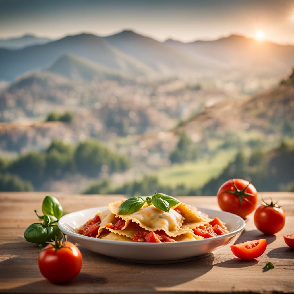 Delicious Ravioli Dish with Mountain View, Sharp Focus