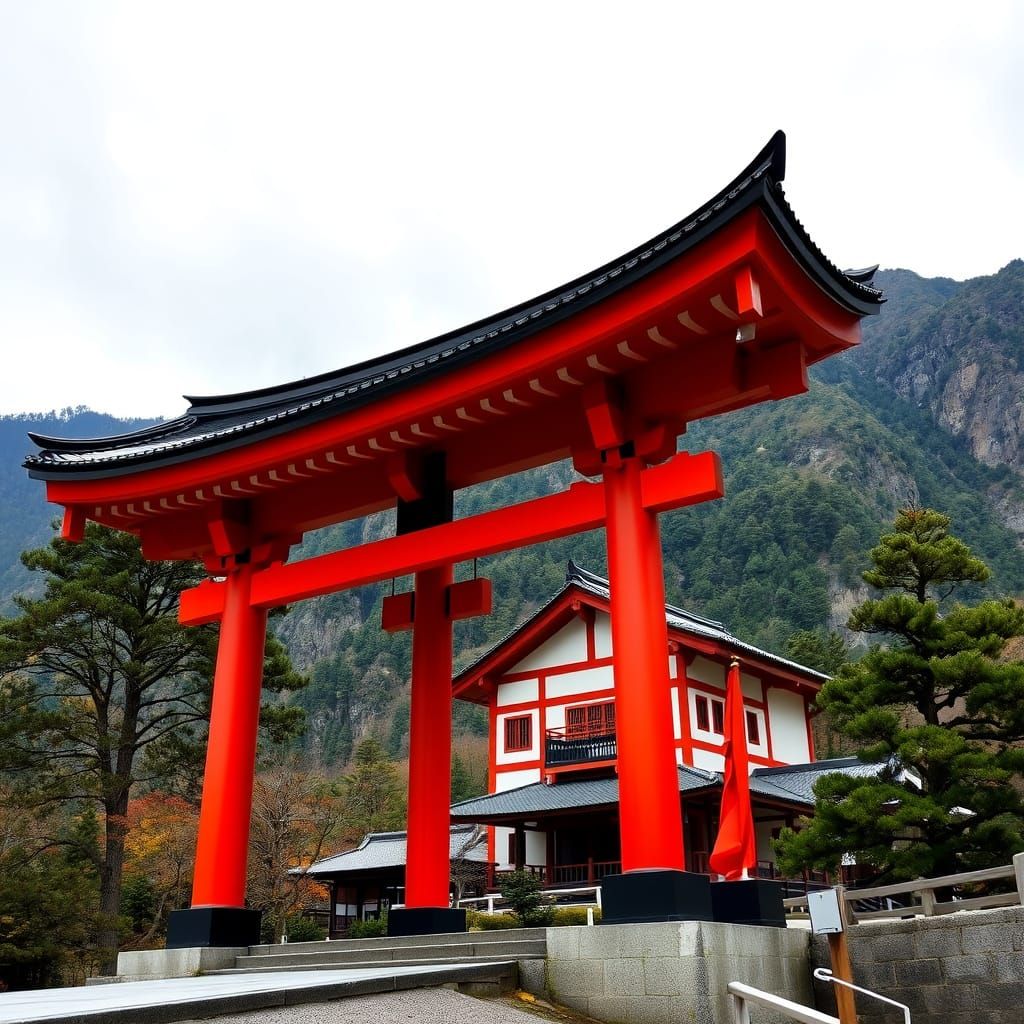 Classic Torii Gate at Mountain Foot in Black, White, Red