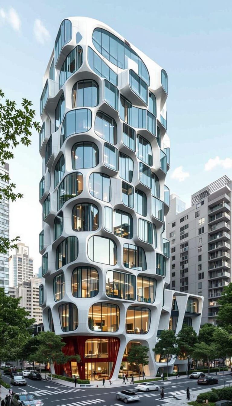 Futuristic Skyscrapers with Organic Concrete, Neon Futurism