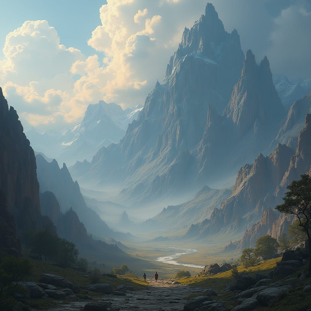 Epic Fantasy Landscape with Towering Mountains and Ancient T...