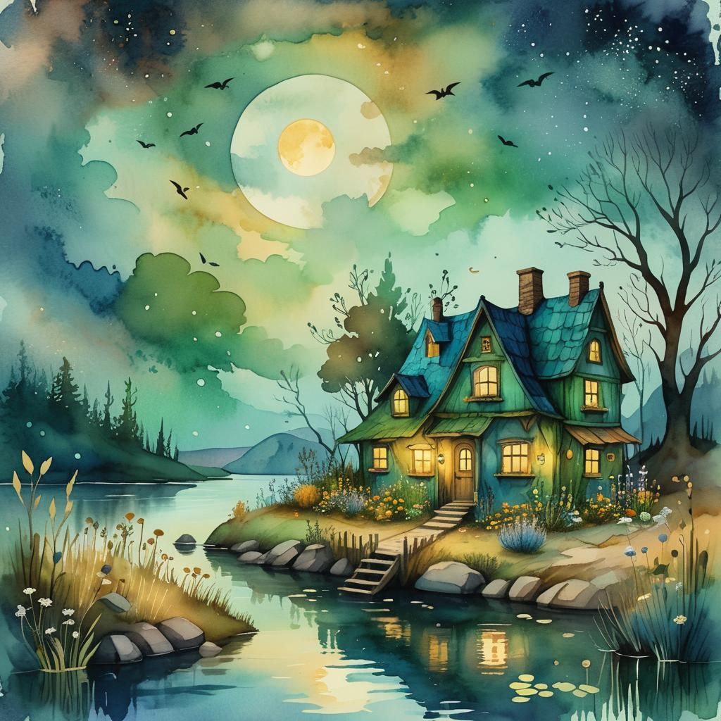 Earthy Witch's Home: A Whimsical Watercolor Illustration