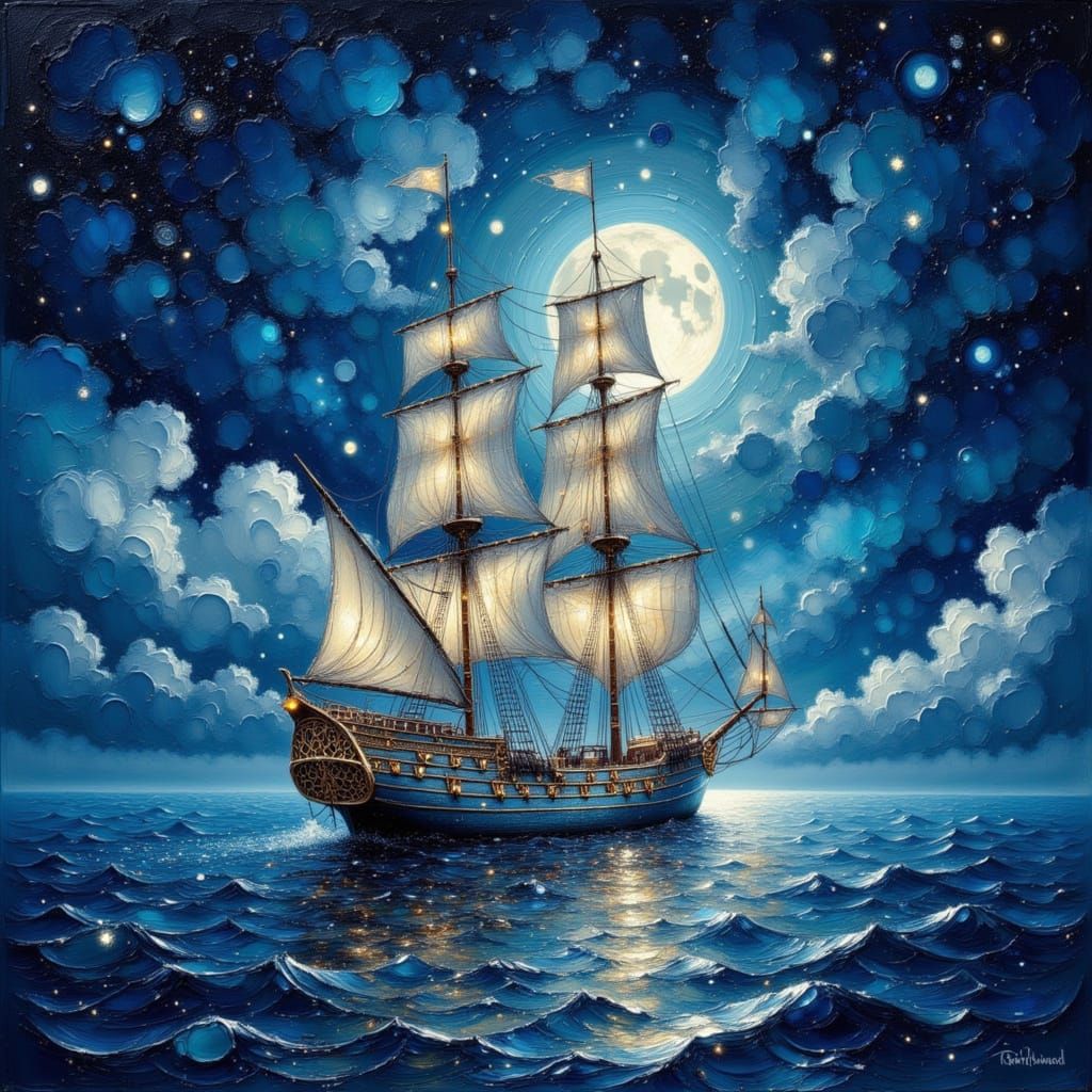 Midnight Sky Ships in Alcohol Ink Style