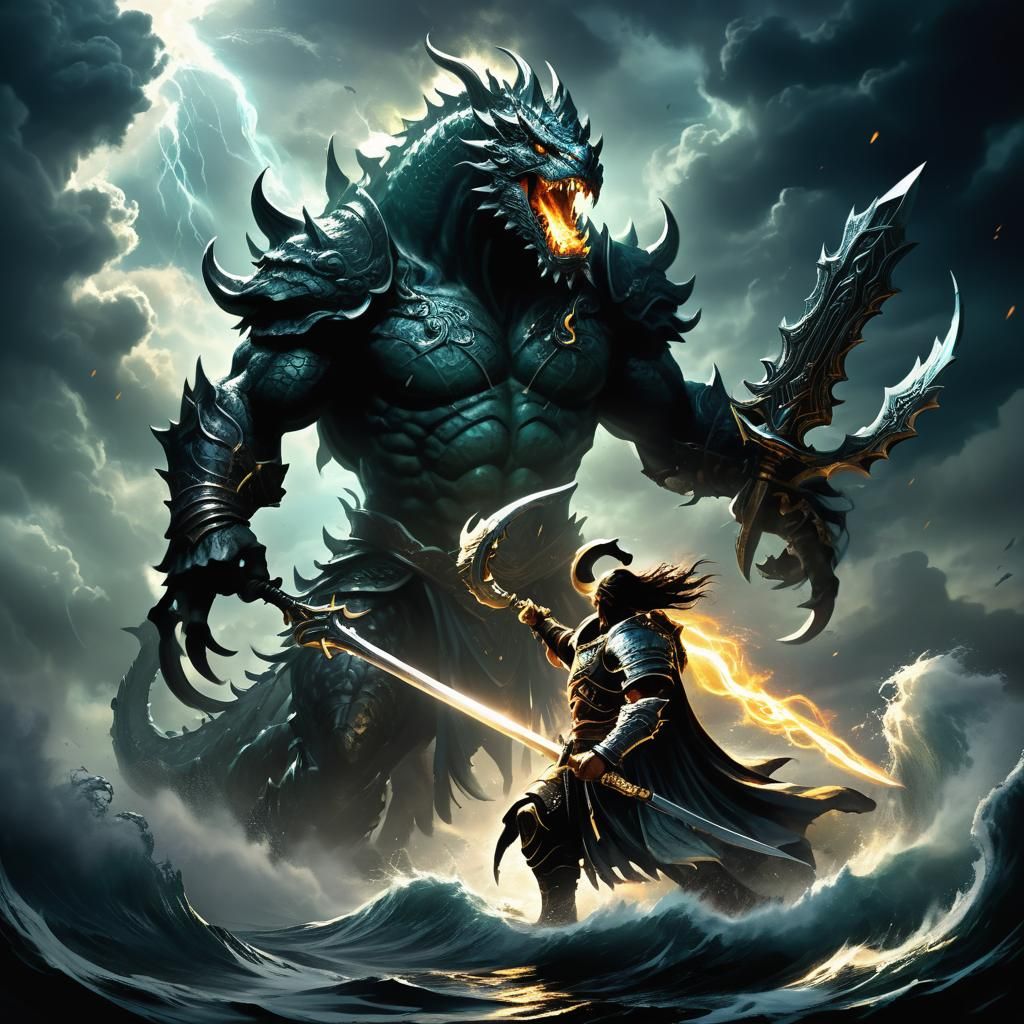 Sea Monster Subdued by Warrior in Dark Fantasy Art