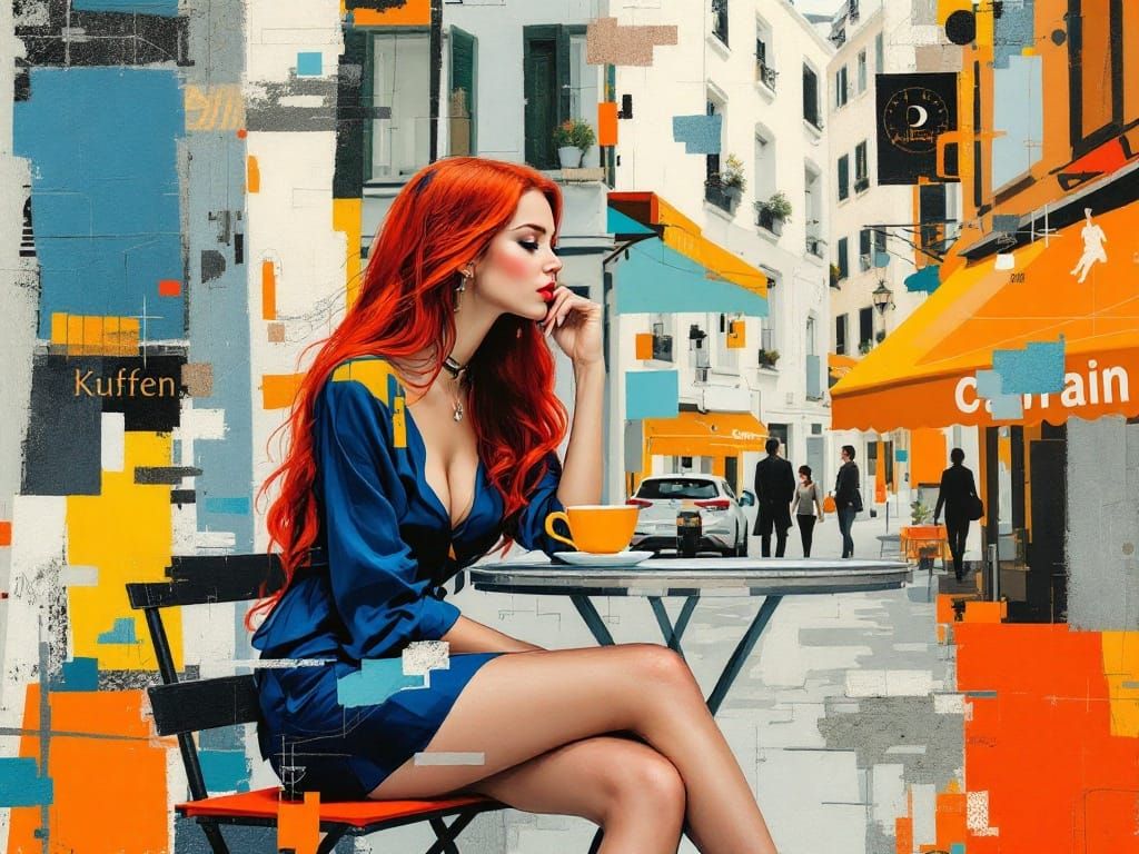 Fashionable Woman in Layered Café Scene