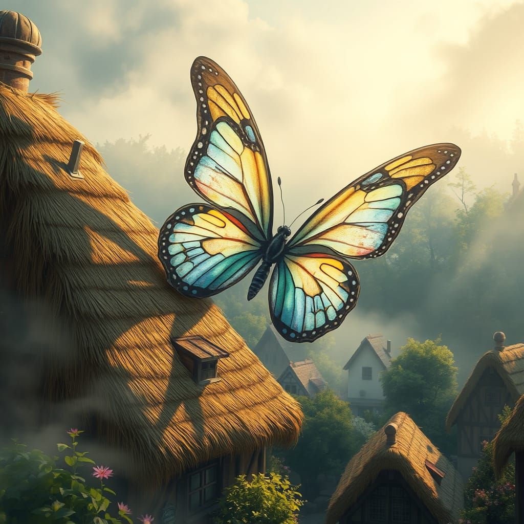Whimsical Village Butterfly Scene in Dreamy, Mystical Style