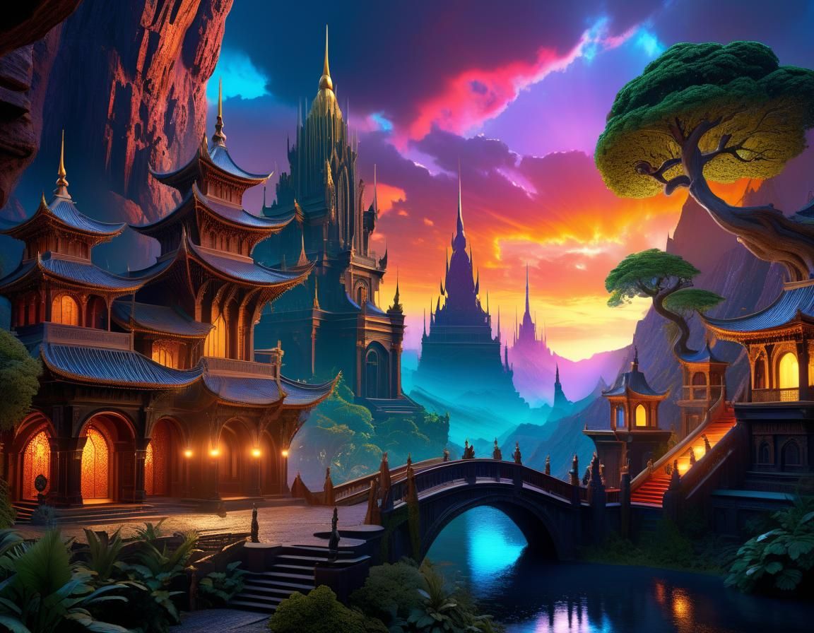 Tropical Sunset Dreamscape in Watercolor Style