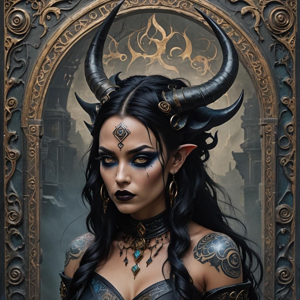 Gothic Woman with Black Horns in Dark Fantasy Style