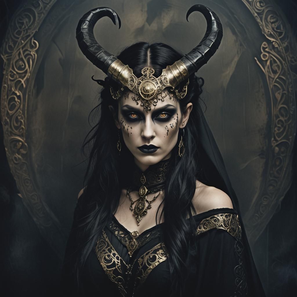 Gothic Woman with Horns and Molten Gold Eyes